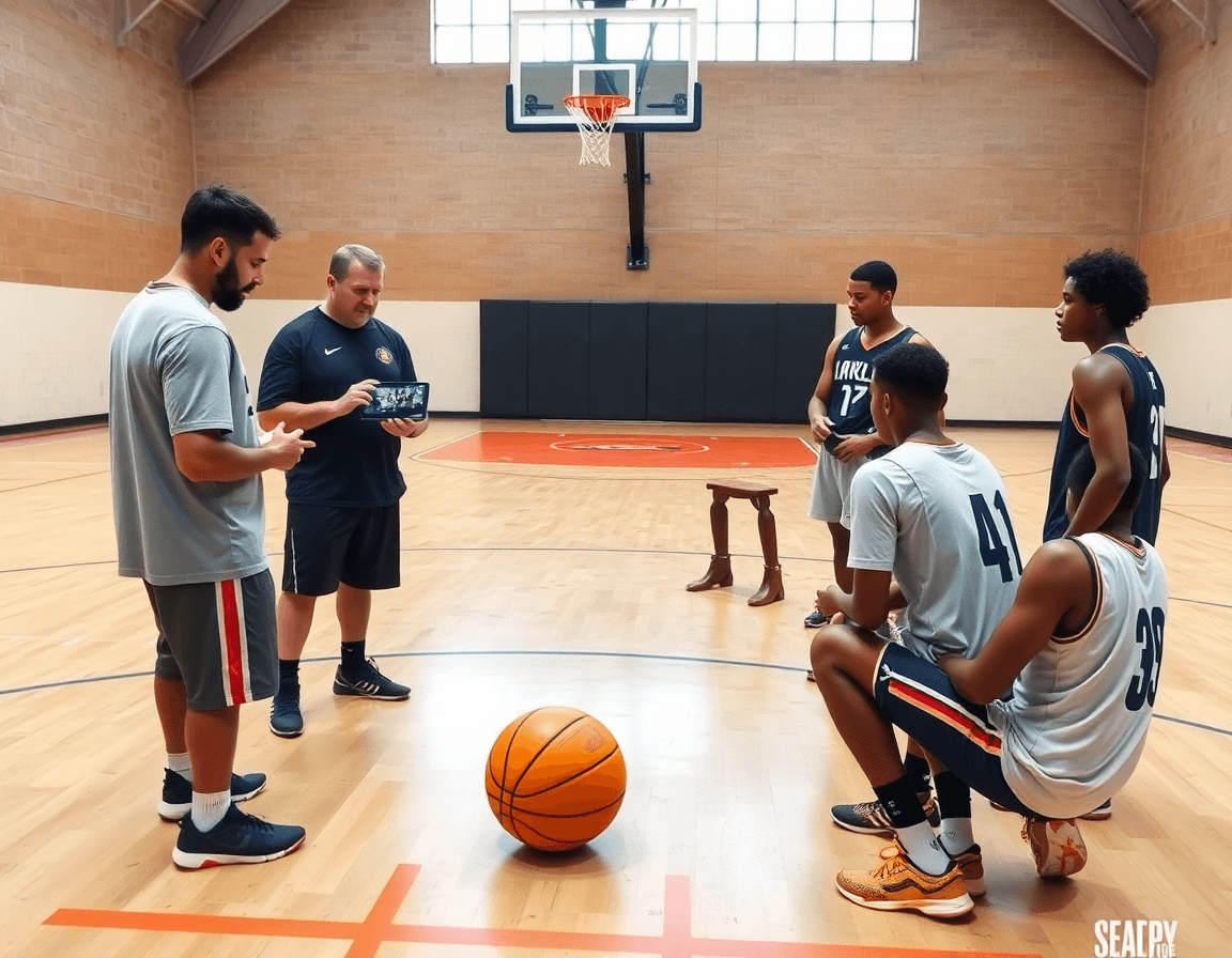 Riprese video e discussione di attacco: i giocatori ascoltano schemi basket attacco sul parquet.