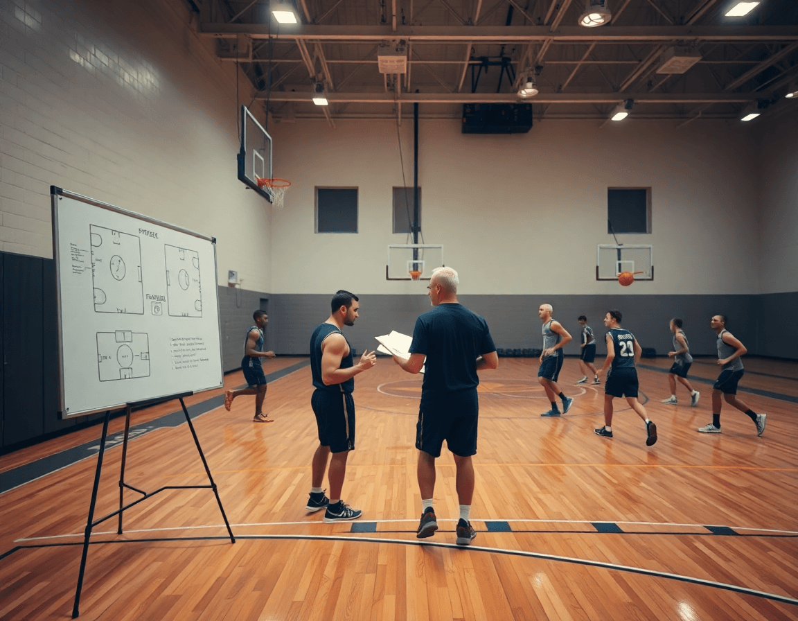 Scena ampia di basket in palestra: allenatore indica schemi basket attacco a una squadra sul parquet.