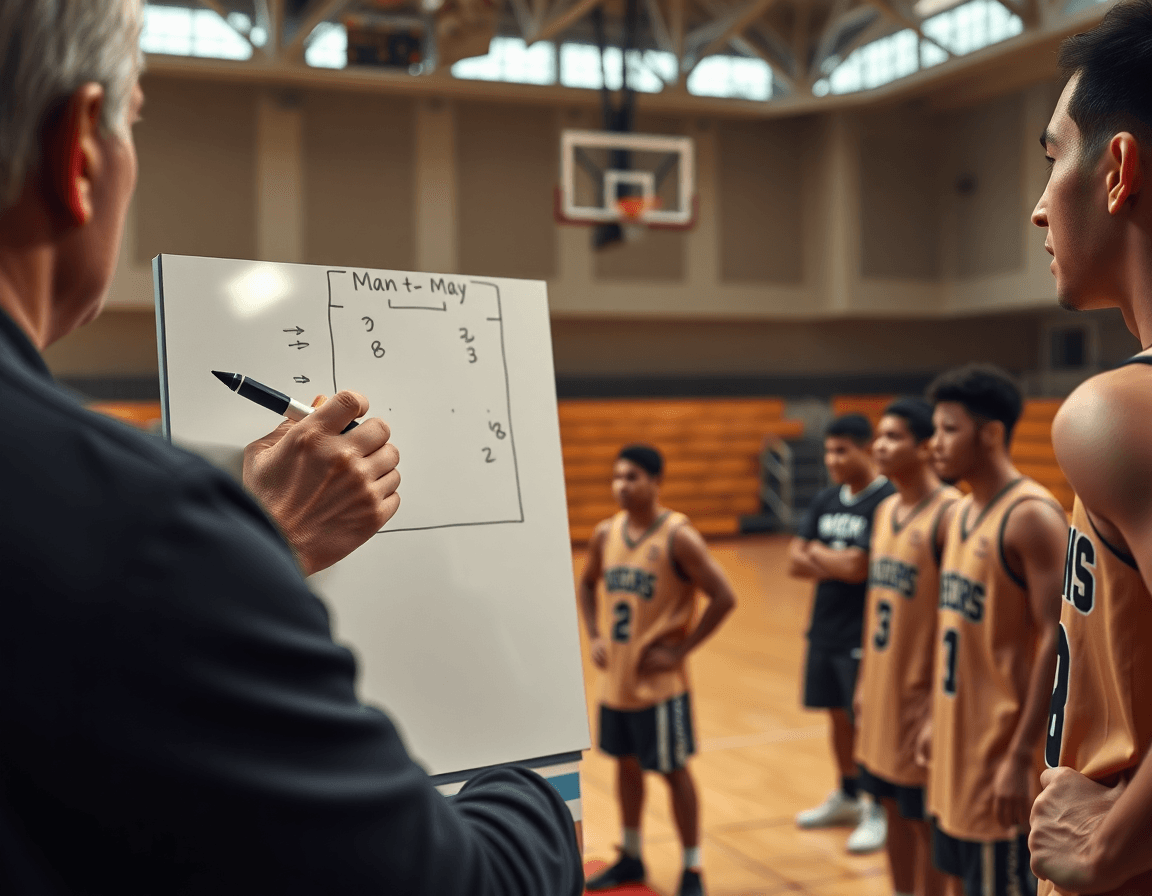 Primo piano sulle mani dell'allenatore che disegnano schemi basket attacco uomo su una lavagna, mentre la squadra osserva.