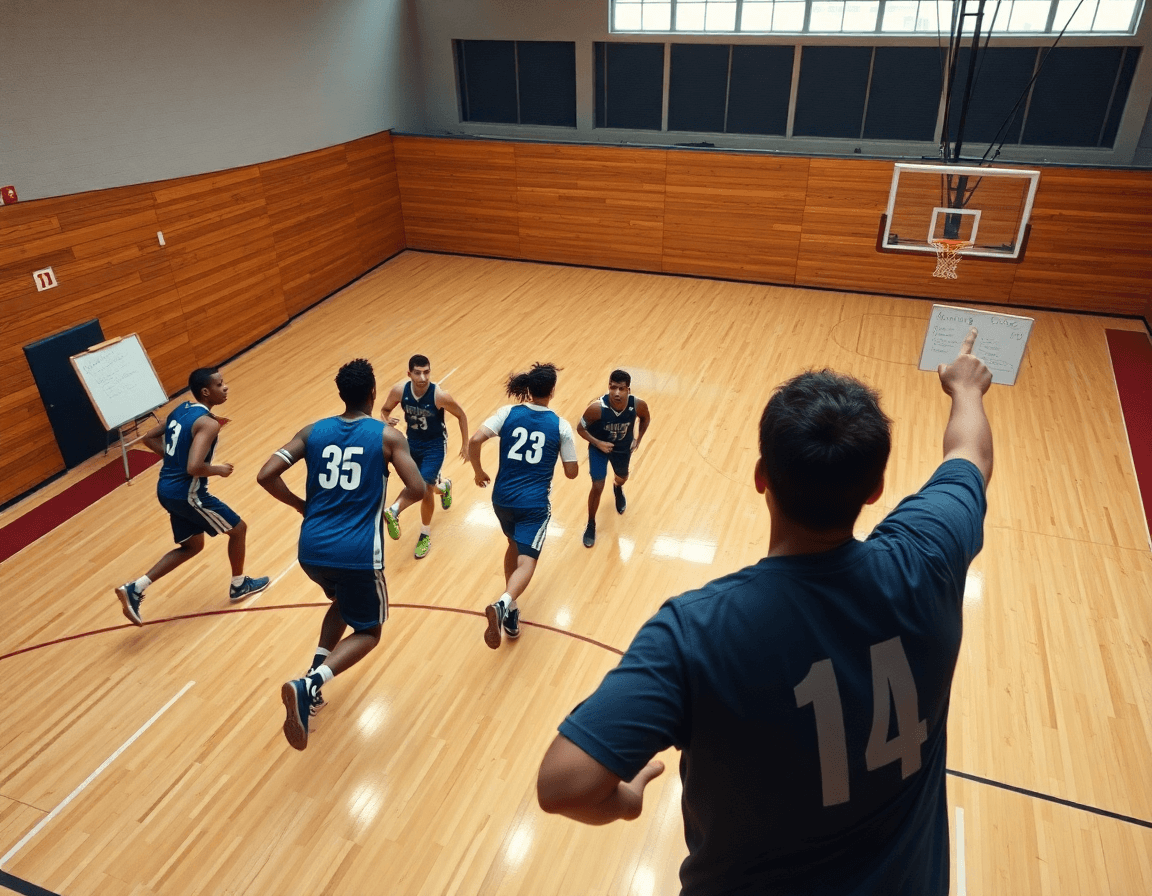 Inquadratura dall'alto: giocatori in transizione eseguono schemi basket attacco uomo durante l'allenamento.