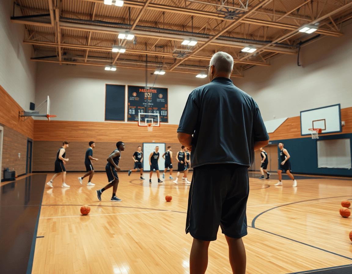 Scena ampia: allenatori discutono schemi basket attacco uomo in palestra durante l'allenamento.