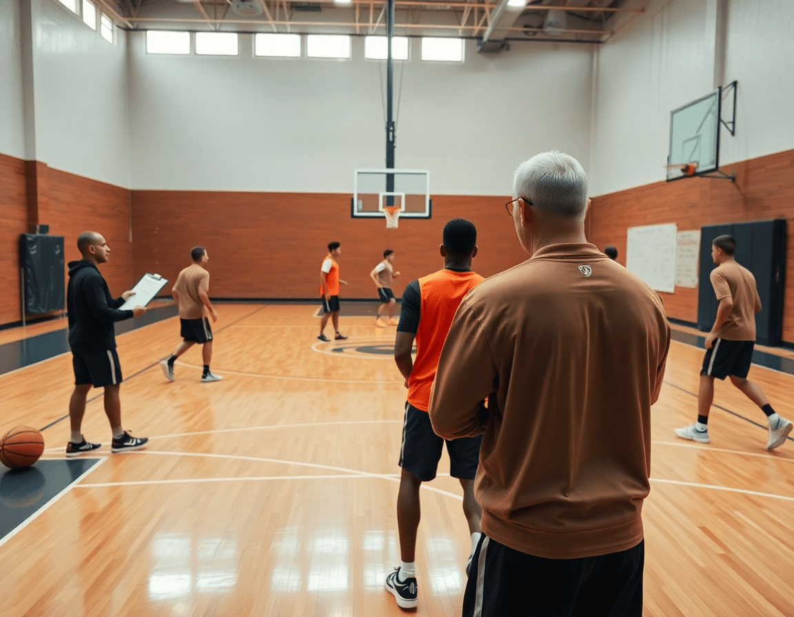 Coach e team in una palestra di basketball, schemi basket in inglese discussi durante l'allenamento.
