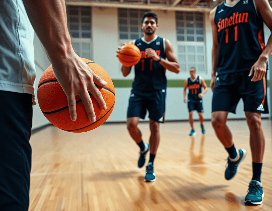 Primo piano su coach e pallone arancione, schemi basket pdf in primo piano.
