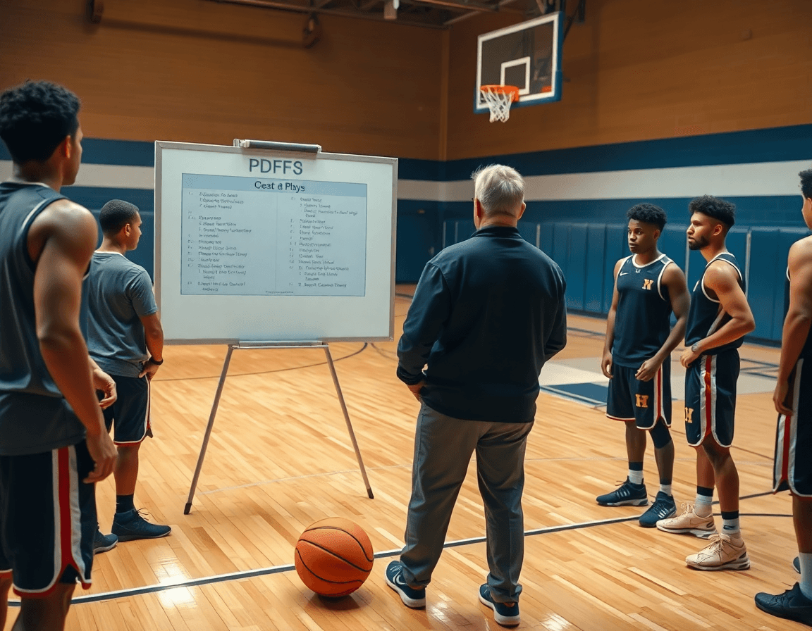 In primo piano: coach carica un PDF di schemi sul whiteboard digitale mentre i giocatori osservano.