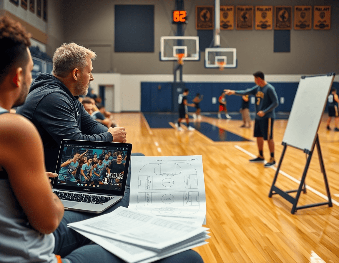 In evidenza: giocatori guardano video basketball mentre schemi basket pdf vengono consultati dal coach.