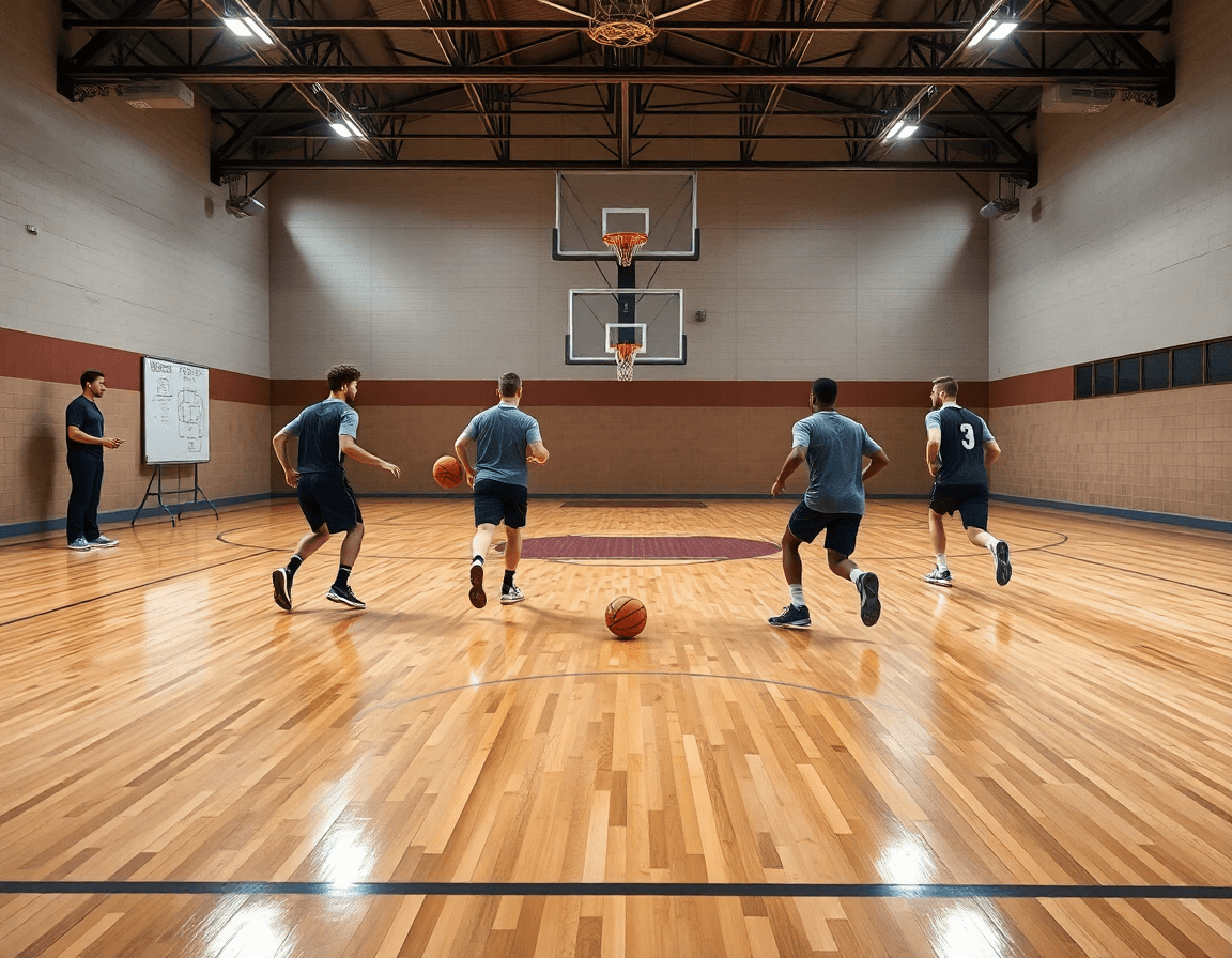 Allenatore in palestra prepara schemi basket pdf per il team durante l'allenamento.