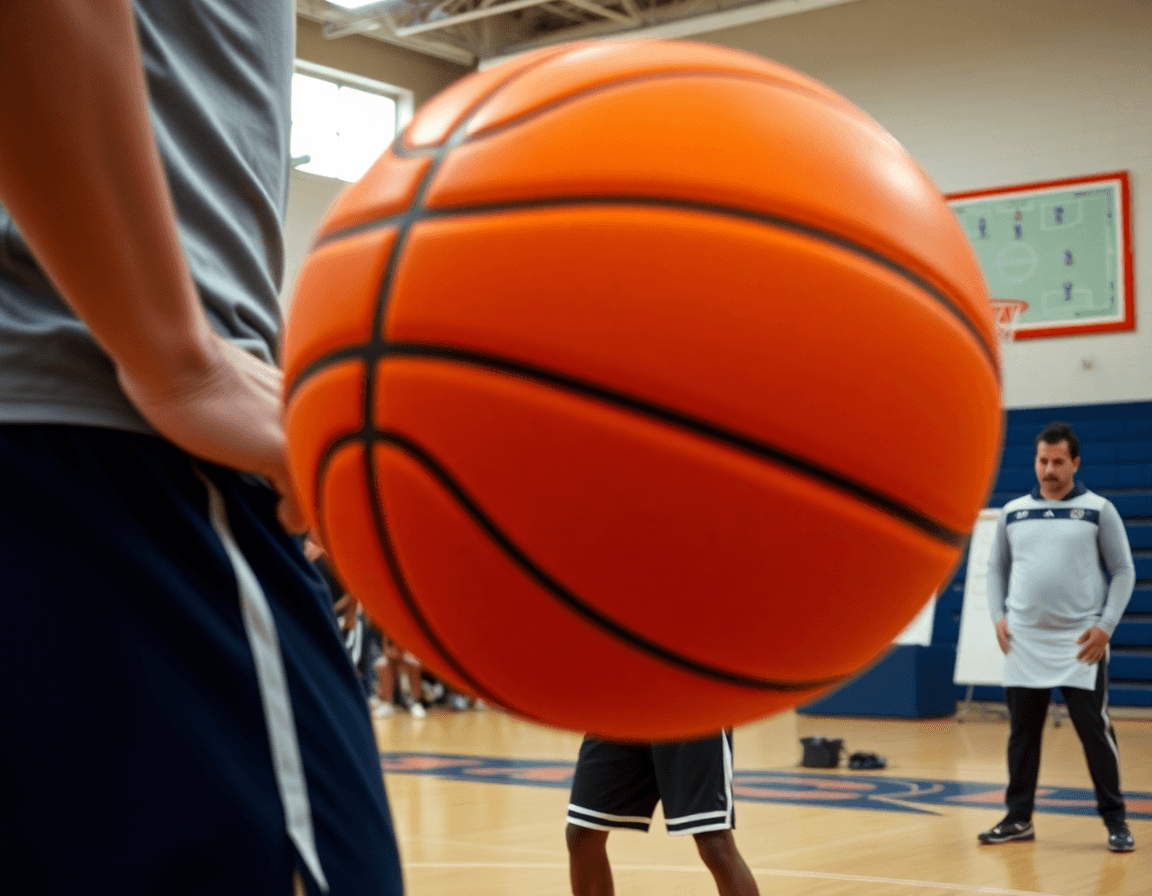 Plano ravvicinato al pallone arancione mentre due giocatori eseguono schemi basket pick and roll.