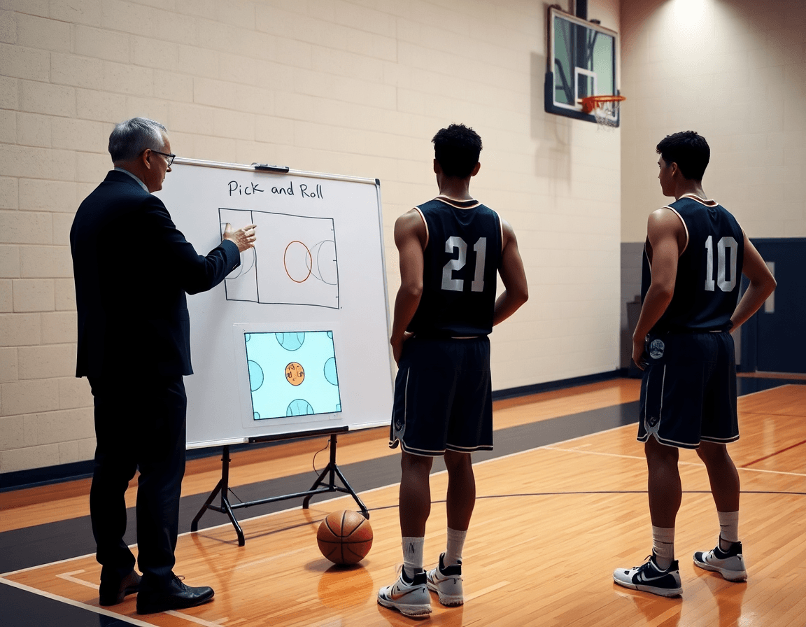 Il coach con lavagna e tablet mostrano schemi basket pick and roll durante l'allenamento a squadra.