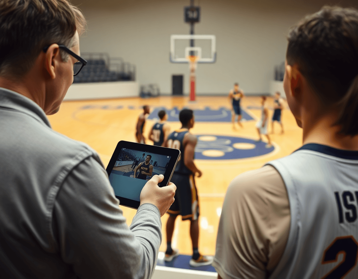 Scouting e contromisure: squadra osserva clip su tablet mentre eseguono schemi basket pick and roll.