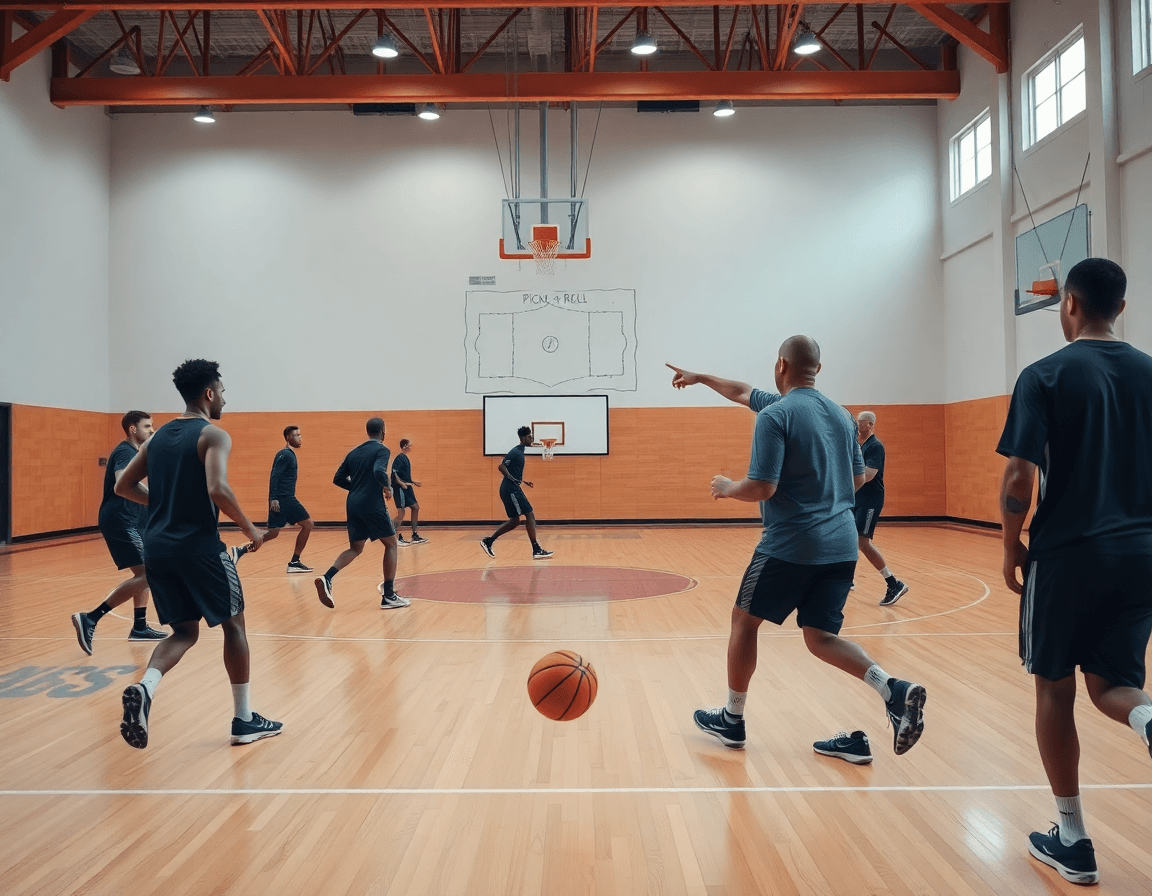 Scena ampia di basket: coach e squadra praticano schemi basket pick and roll in palestra.