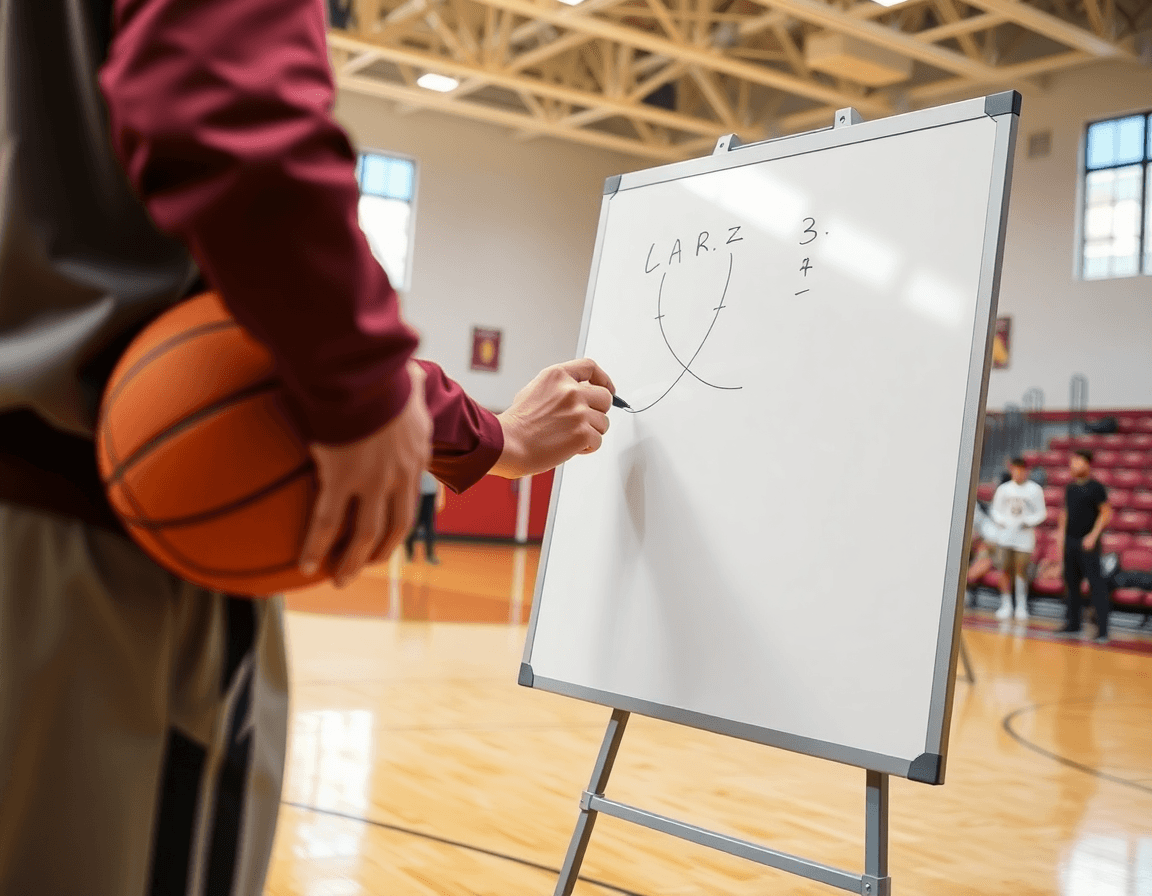 Mani del coach disegnano schemi basket semplici sulla lavagna bianca accanto a una pallina arancione.