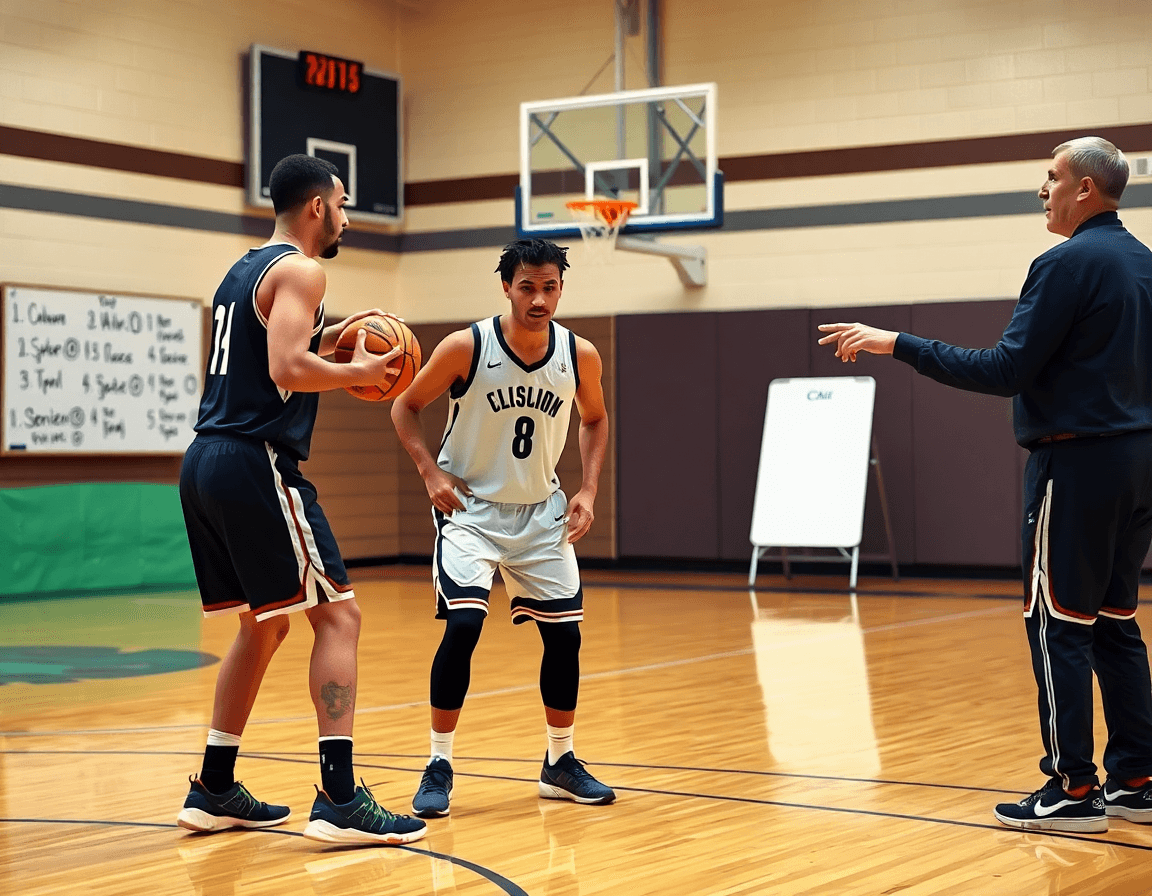 Due giocatori eseguono una pick and roll vicino al key; l'allenatore indica schemi basket semplici sul whiteboard.