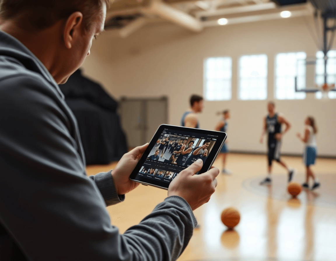 Allenatore guarda clip video su tablet mentre i giocatori eseguono schemi basket semplici durante l'allenamento.