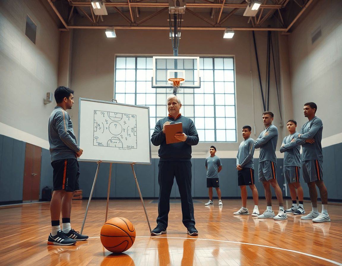 Allenatore mostra schemi basket semplici in palestra, mentre la squadra pratica passaggi.