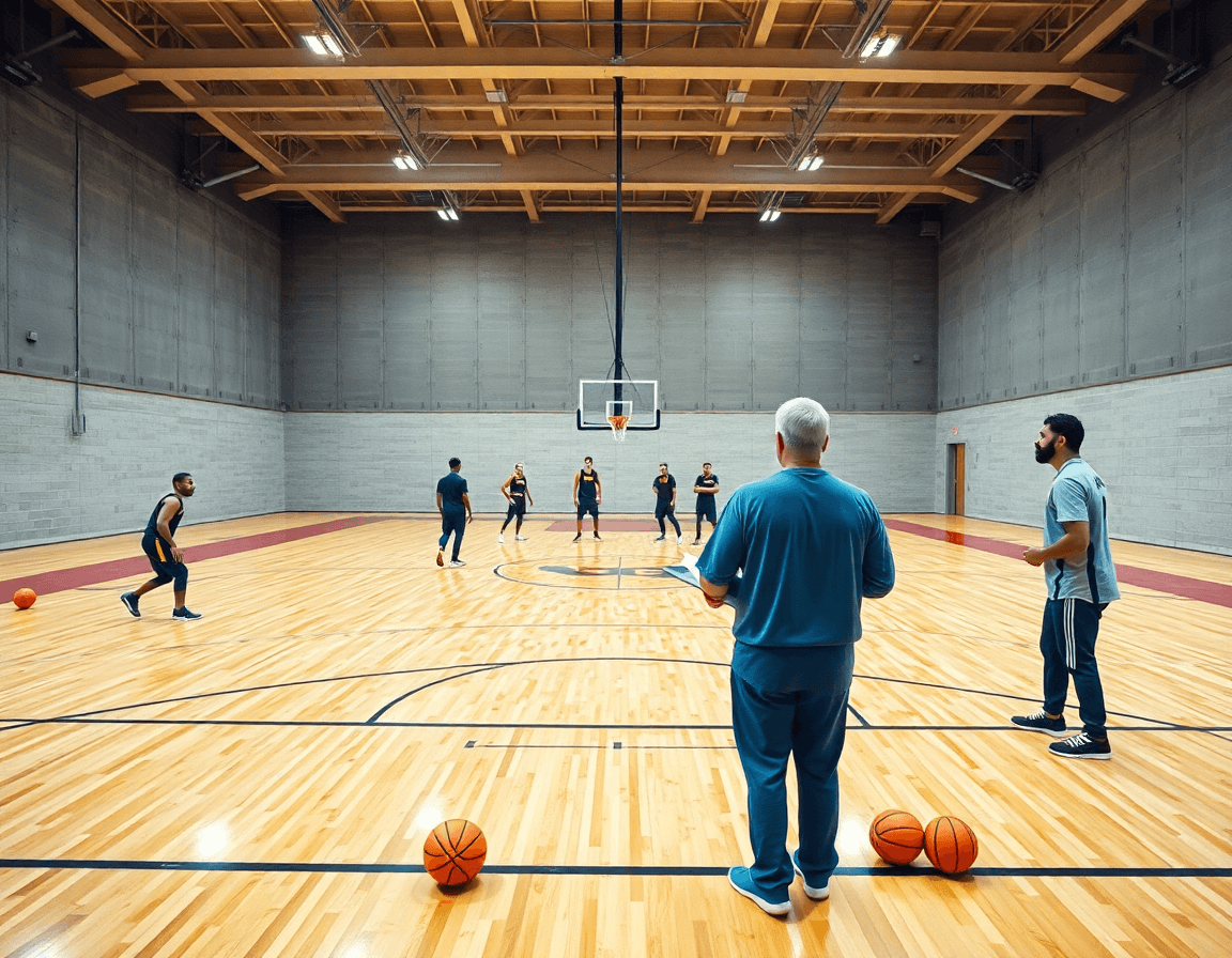 Scena ampia di basketball con cinque giocatori in azione e coach al margine che indica schemi difesa basket.