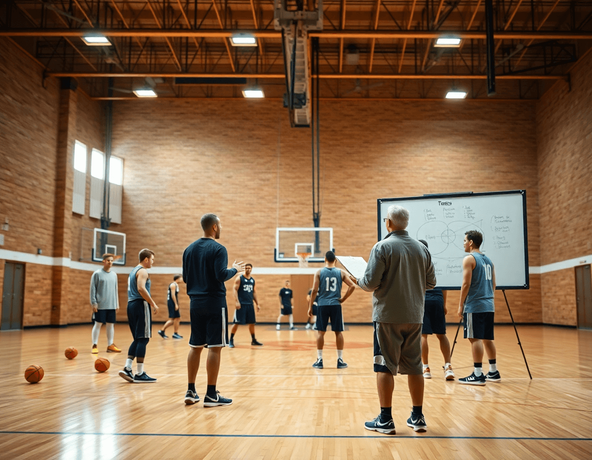 Allenatore guida schemi difesa basket su lavagna tattica durante allenamento con giocatori in magliette semplici.