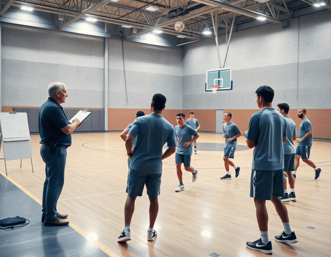 Scouting basket in palestra: coach con clipboard guida la squadra durante esercizi di passaggi e resistenza.
