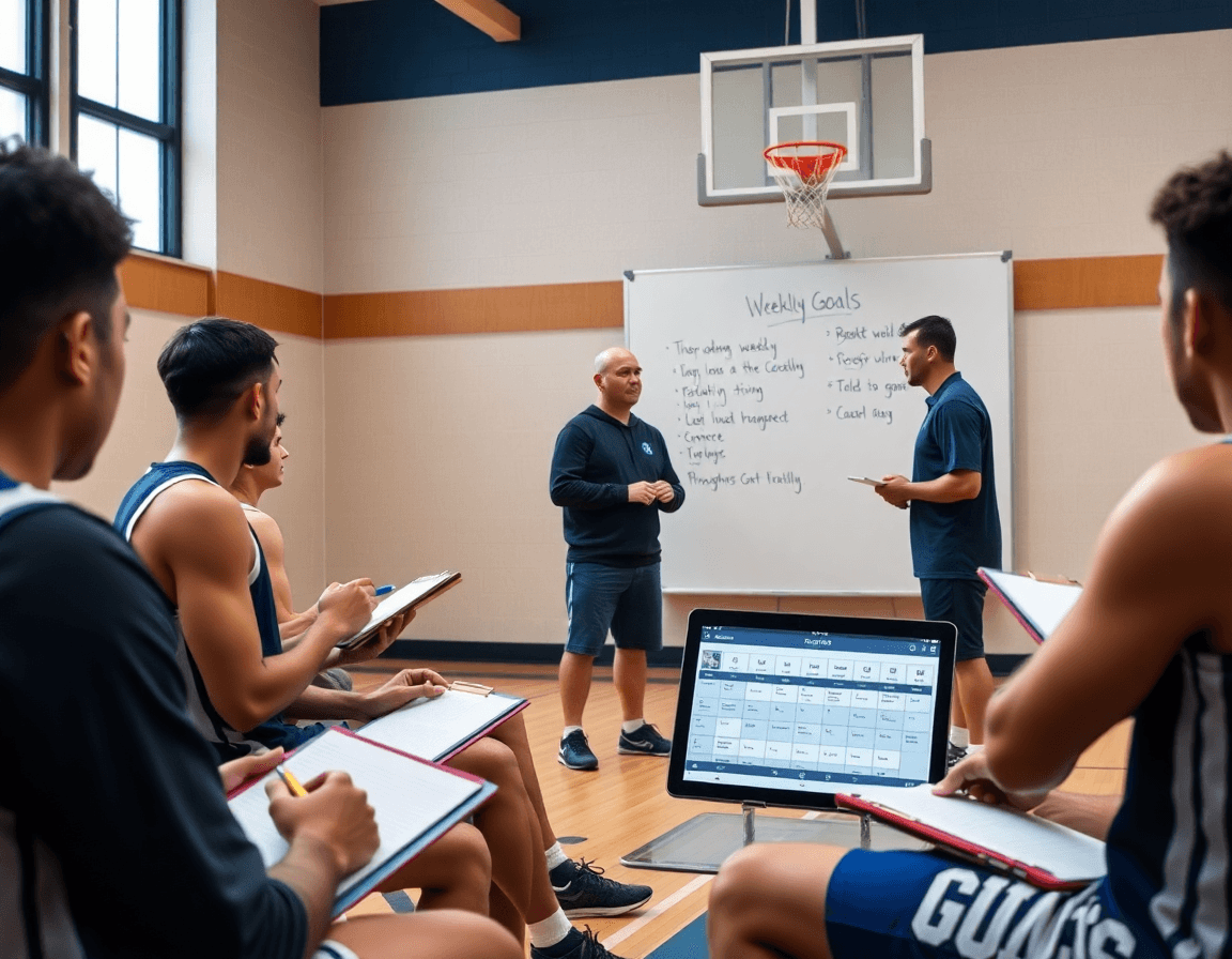 Settimana di basketball per scuola basket nocera inferiore: allenatore e squadra pianificano.