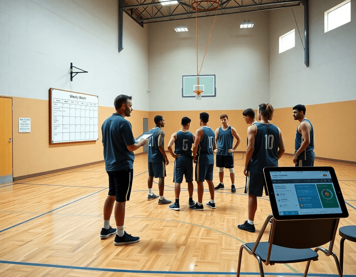 Scuola basket nocera inferiore: piano settimanale mostrato dal coach tra giocatori in palestra.