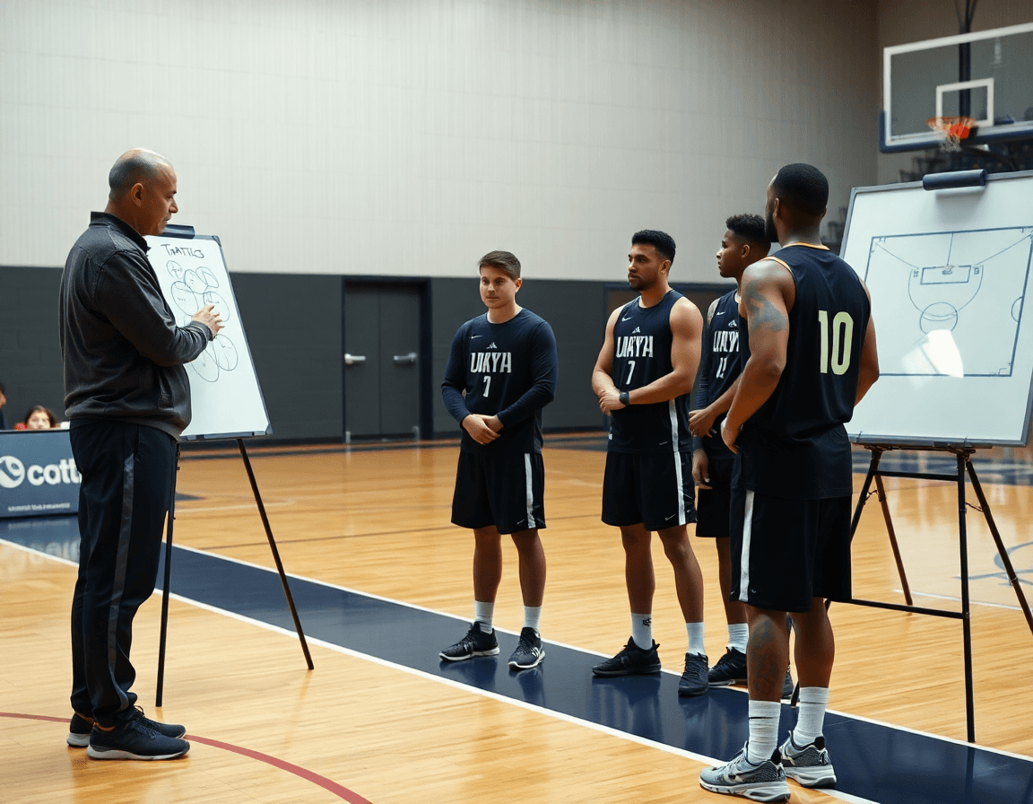Allenatore di basketball consulta software basket mentre disegna una tattica sulla lavagna.