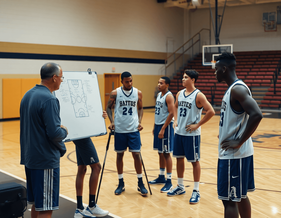 Quattro giocatori osservano una lavagna tattica mentre il coach disegna una azione di basketball durante l'allenamento.