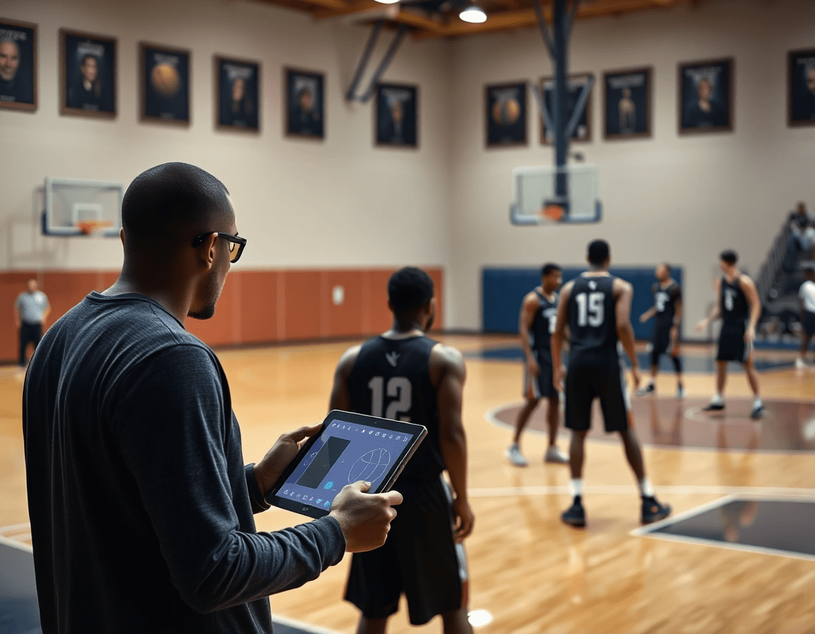 Una persona di scouting osserva una partita di basketball su tablet vicino al campo.