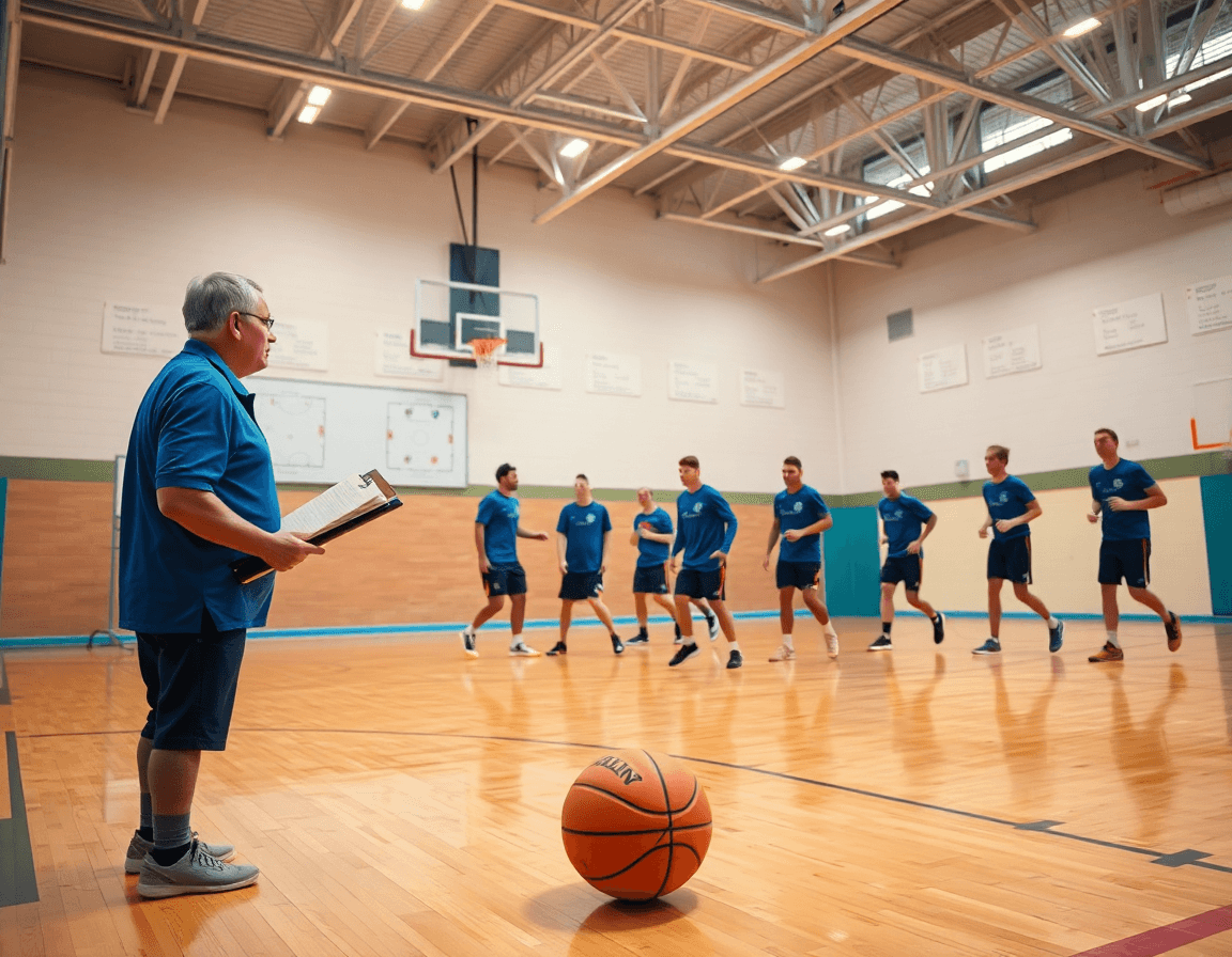 Allenatore di basketball guida una sessione in palestra, testando software basket per la squadra.