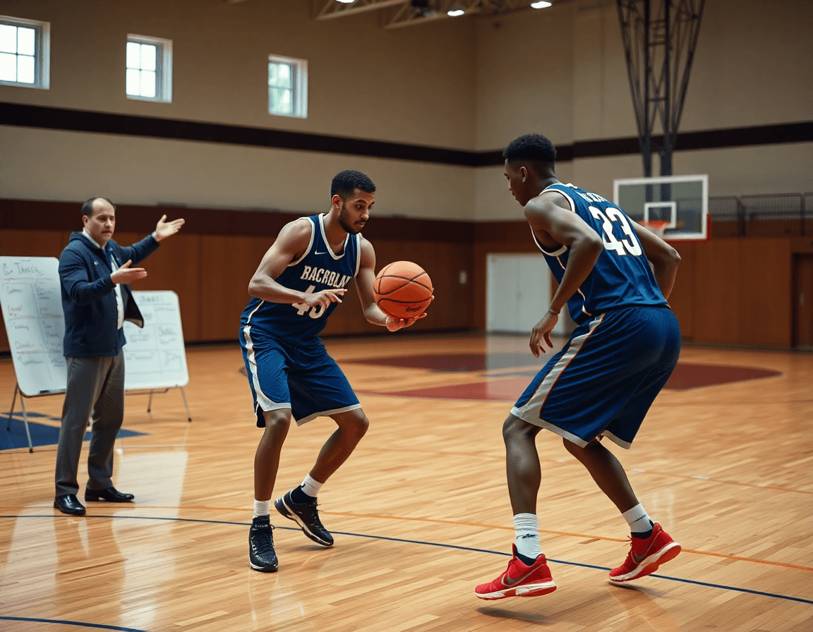 Primo piano su due giocatori in pick and roll vicino al perimetro, coach indica sul whiteboard tattico basketball.