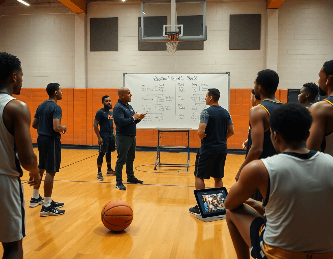Allenatore espone il piano settimanale del pick and roll su una lavagna bianca basketball.