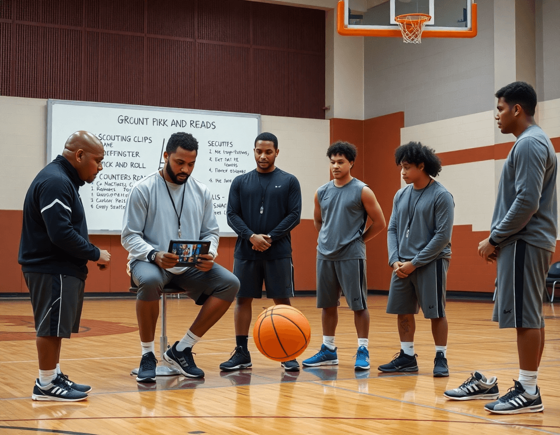 Riunione di scouting: giocatori osservano clip sul tablet e prendono note difensive basketball.