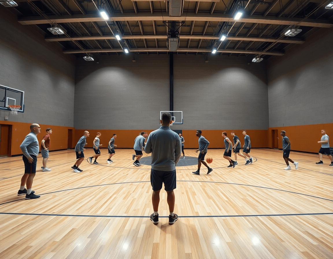 Scena ampia di basketball in palestra, coach guida la squadra nel pick and roll durante l'allenamento.