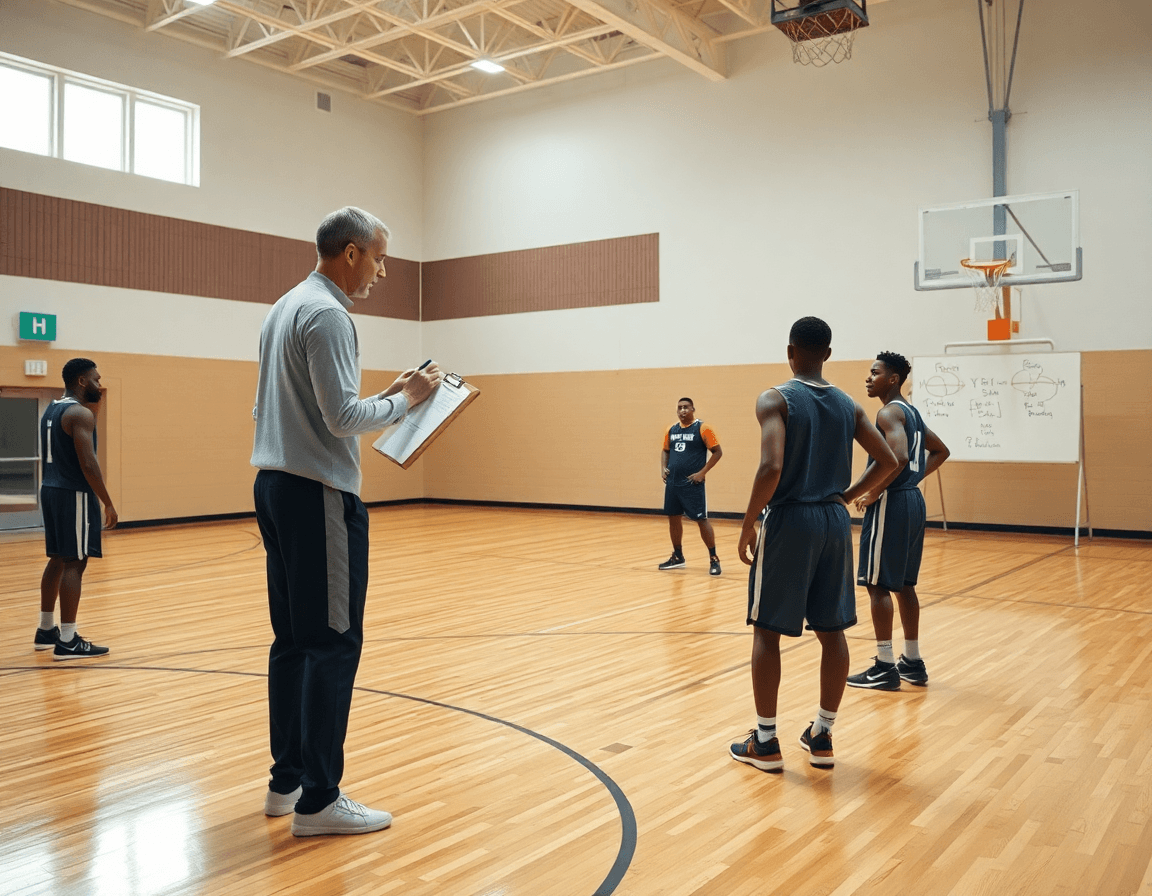 Allenatore con clipboard guida giocatori di basketball attraverso una drill settimanale di statistica basket.