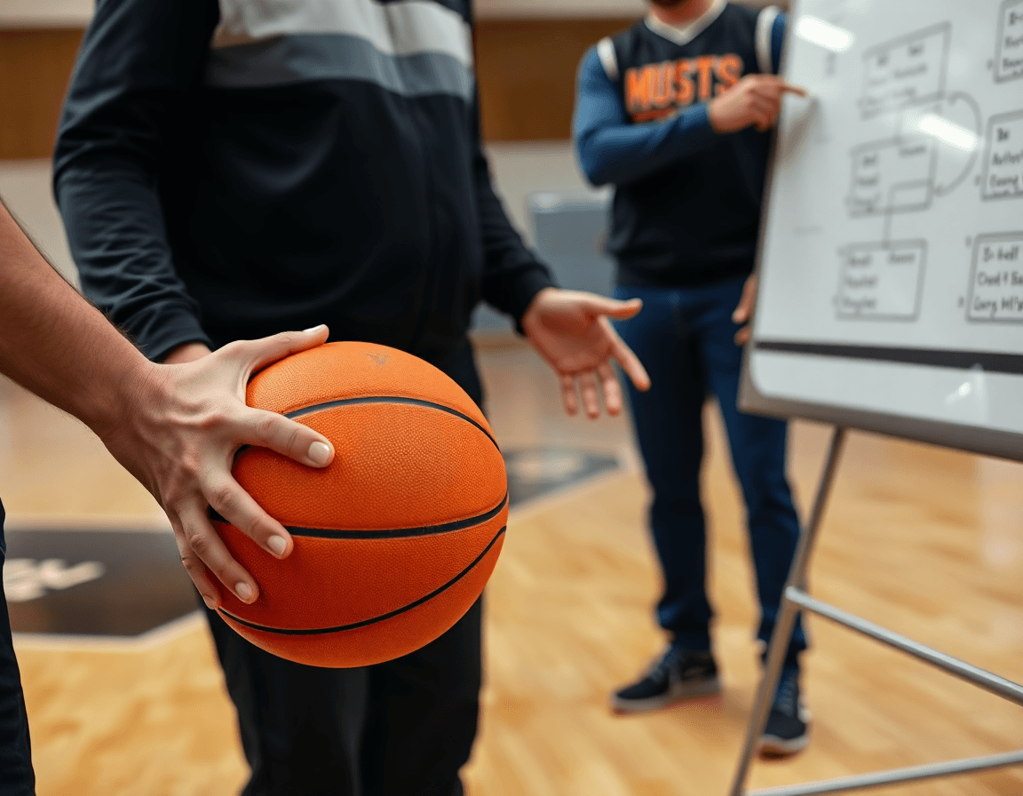 Primo piano sulle mani che afferrano un pallone arancione, mentre il coach spiega la statistica basket.