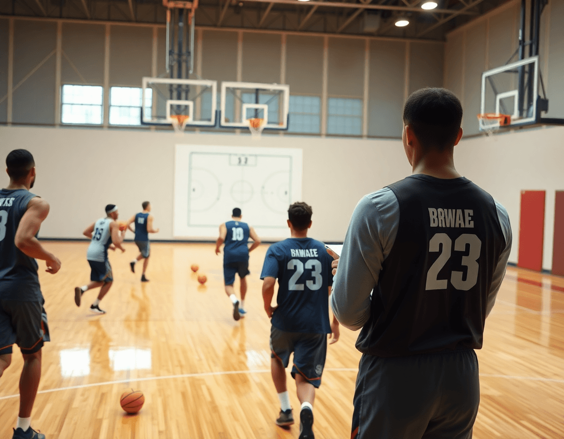 Gruppo di giocatori corre una drill di basketball sul campo in legno mentre l'allenatore disegna una basketball play.