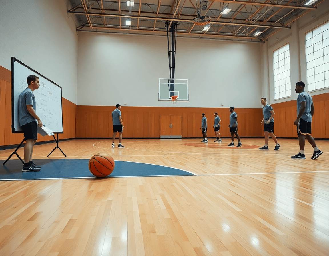Scatto panoramico di palestra di basketball: allenatore con clipboard e statistica basket sul tabellone.