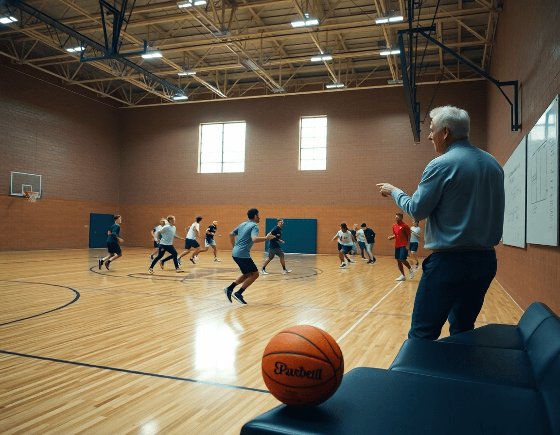 Scena ampia di drill a campo pieno, coach vicino alla tavola tattica, statistiche aquila basket trento olimpia milano.