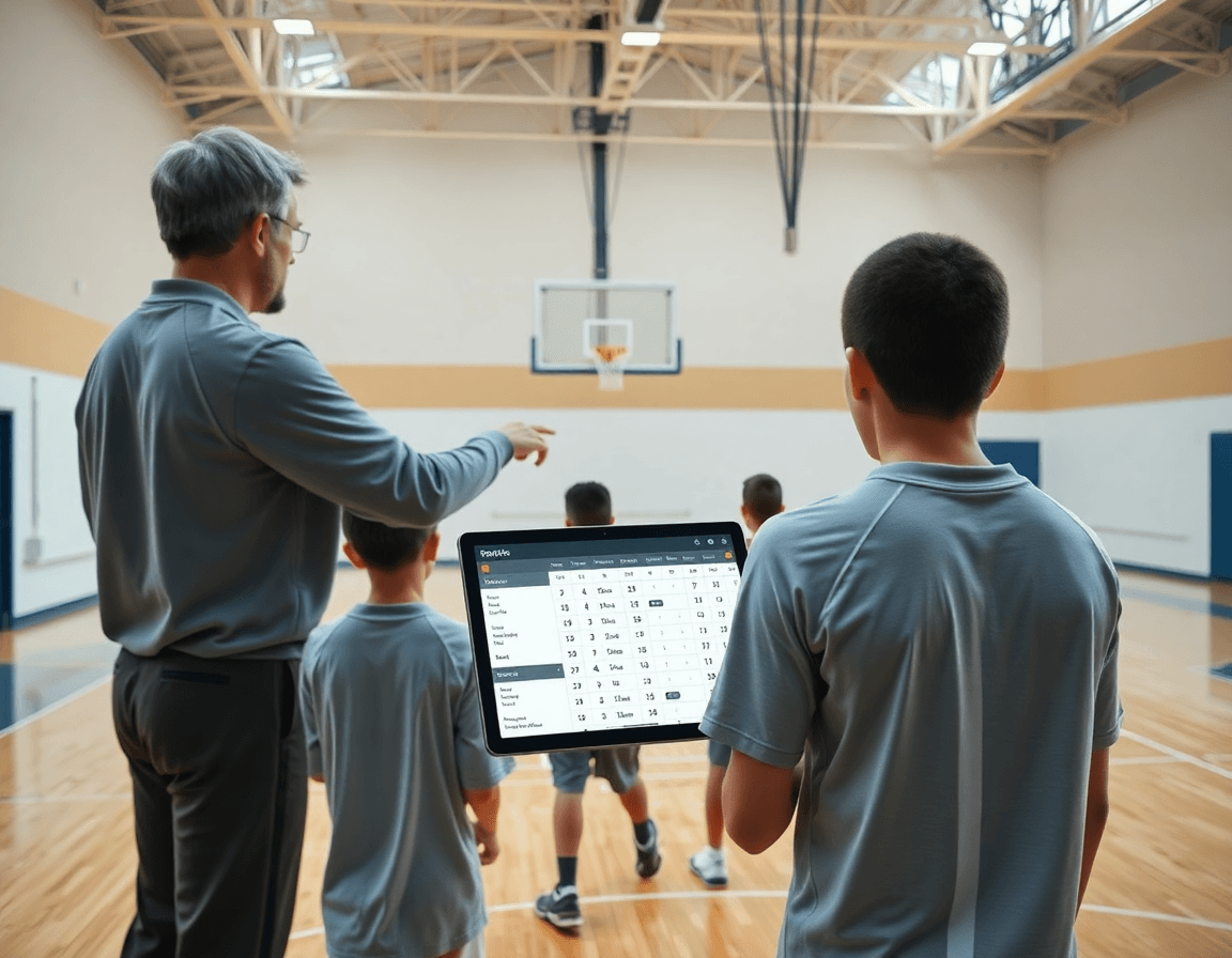 Scena di statistiche basket giovanile che guidano la settimana di allenamento della squadra di basketball.