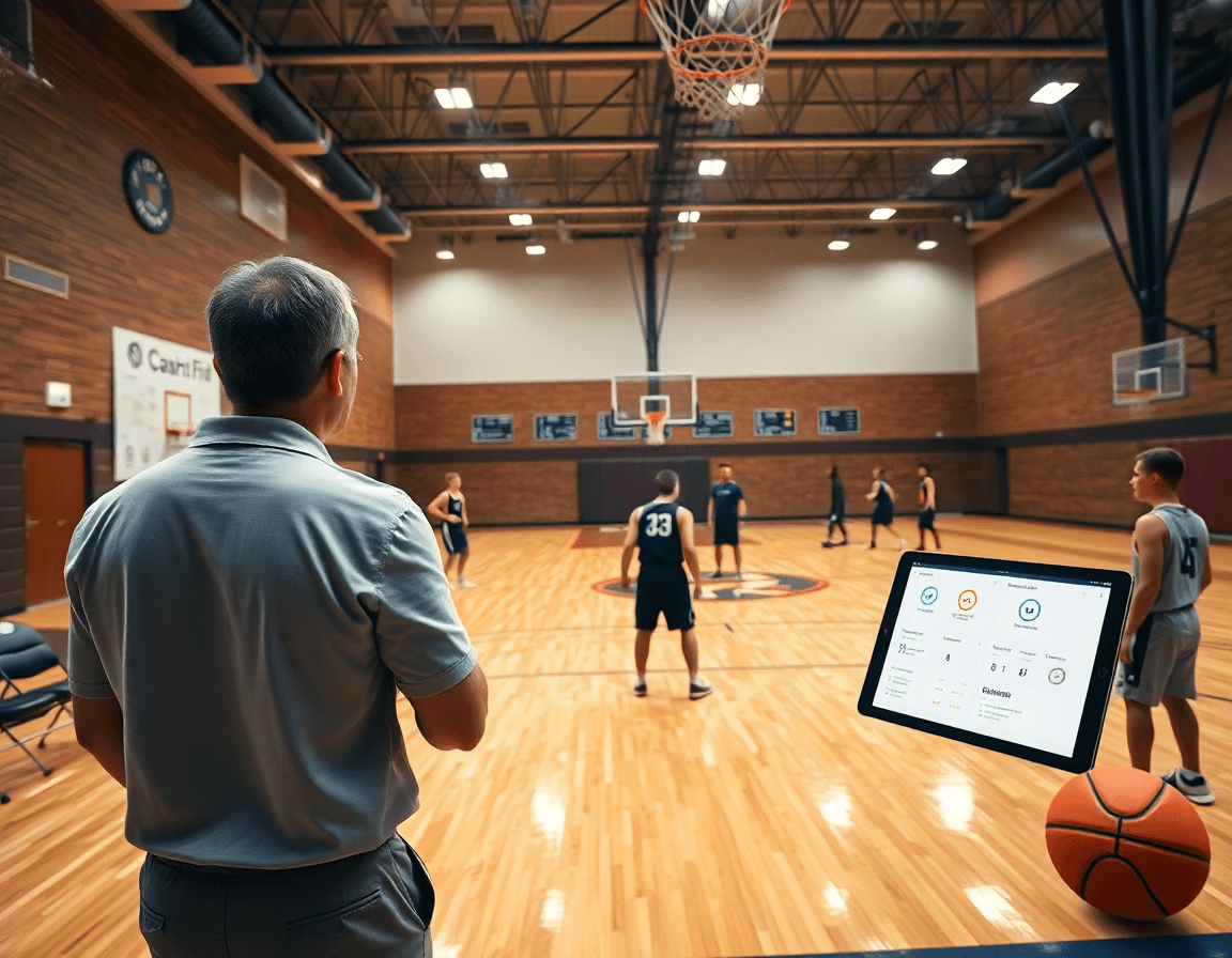 Scena ampia di basketball gym con statistiche basket giovanile tradotte in azioni di allenamento.