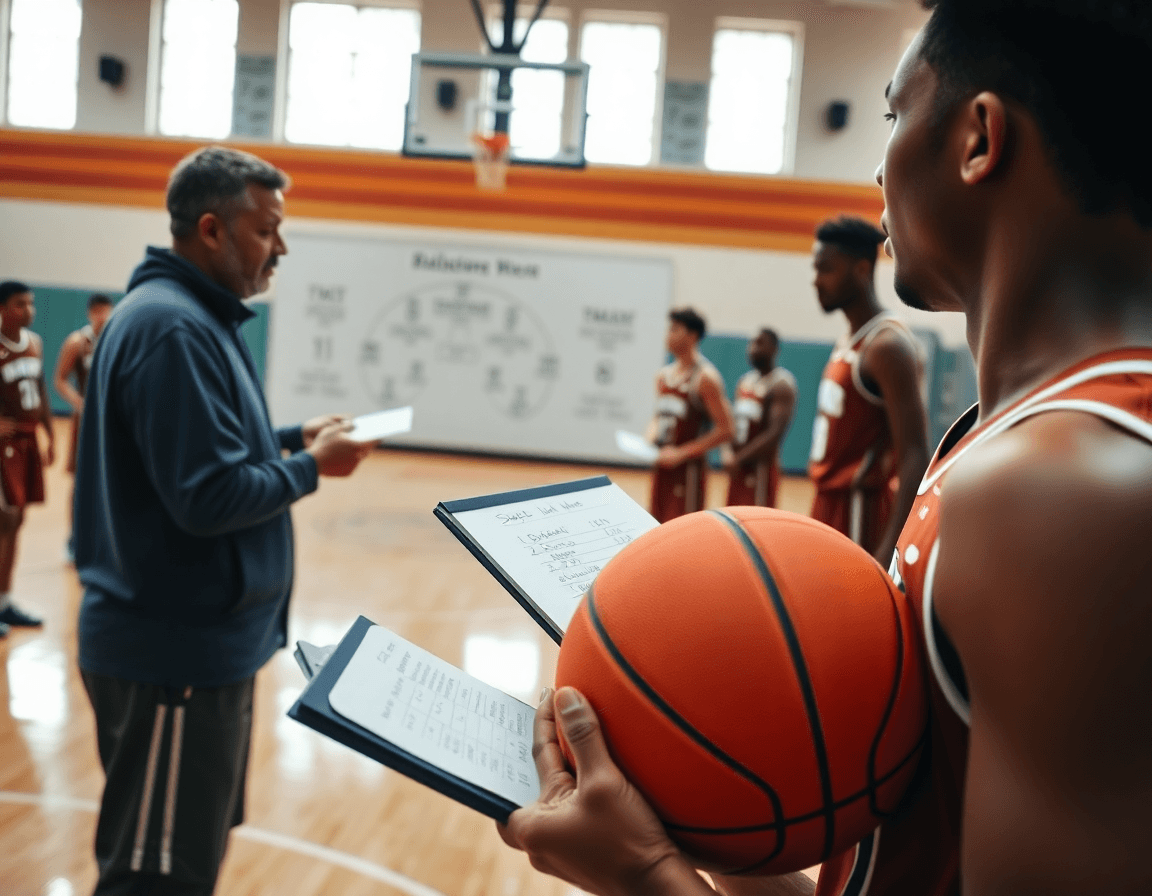 Primo piano su un giocatore che tiene un pallone arancione, coach spiega statistiche in palestra basketball.