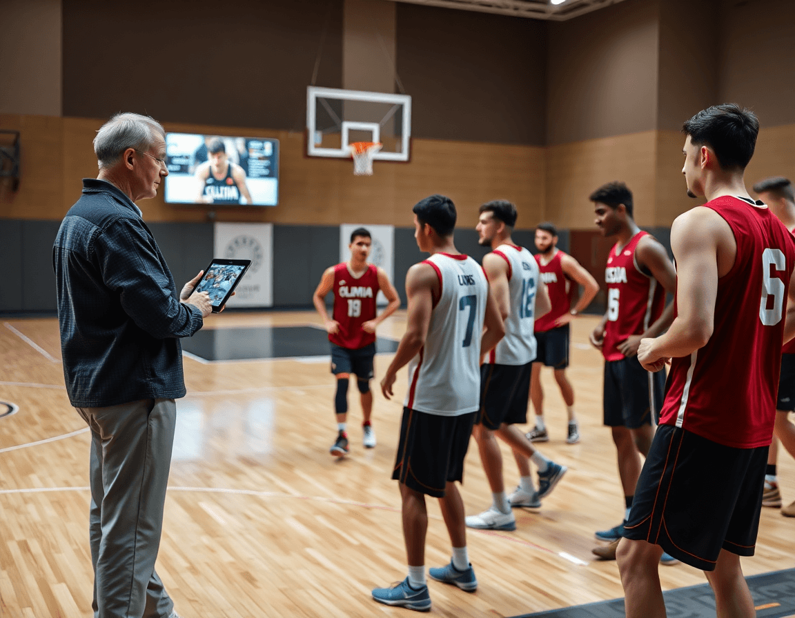 Allenatore al margine con tablet mostra clip contro Olimpia Milano, giocatori eseguono un drill basketball.