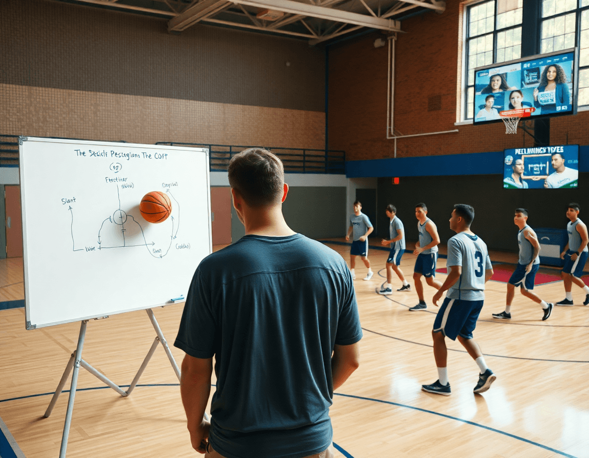 Allenatore disegna una semplice sequenza su lavagna mentre i giocatori eseguono una routine basketball sul campo.