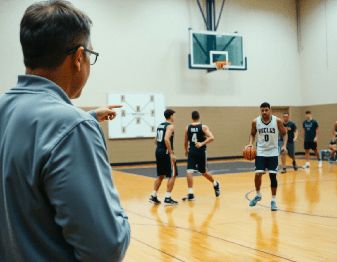 Primo piano sul lato campo durante un allenamento di pallacanestro: coach indica il pick and roll sulla lavagna.