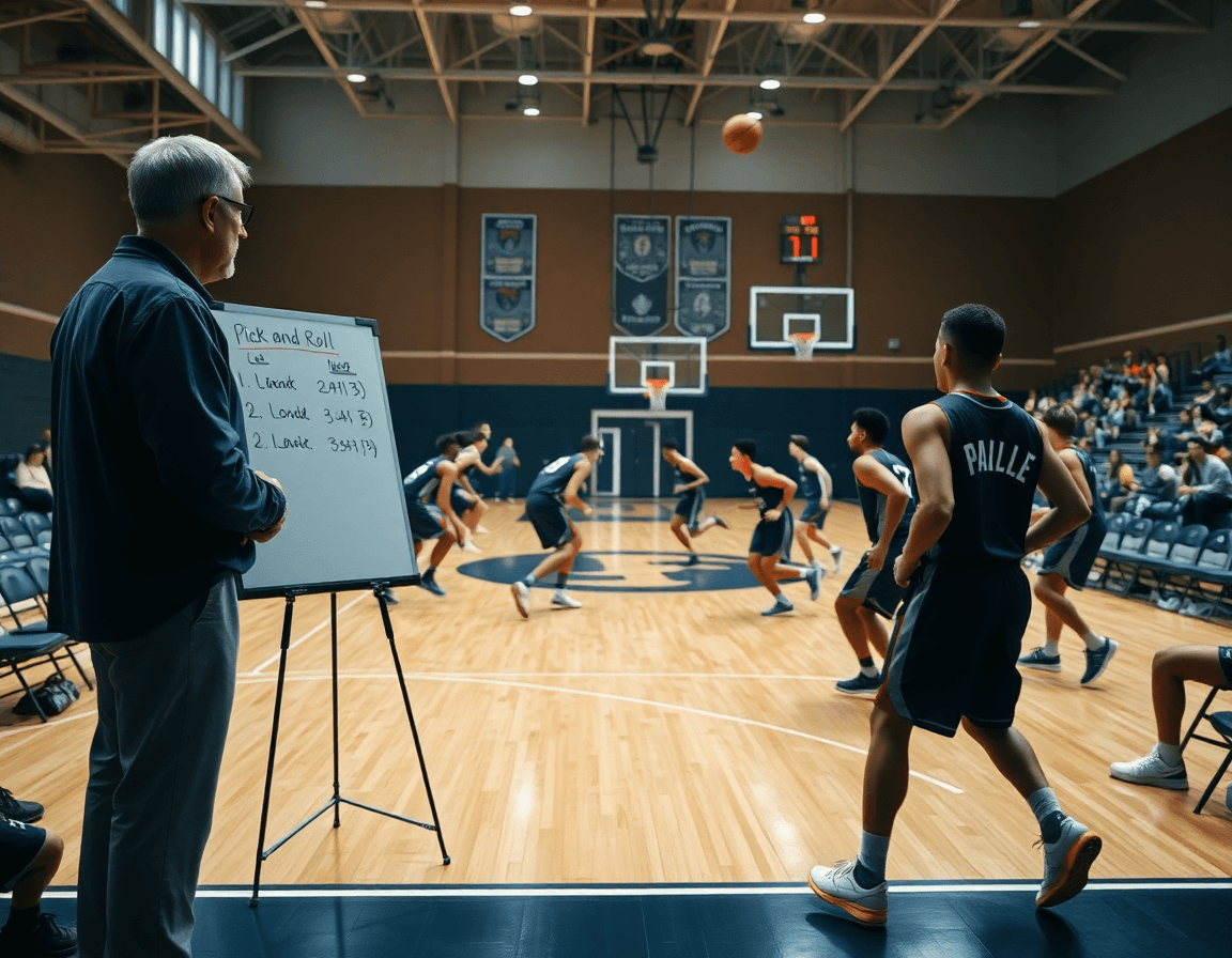 Allenatore davanti alla lavagna mostra il pick and roll in pallacanestro, mentre i giocatori corrono sul parquet.