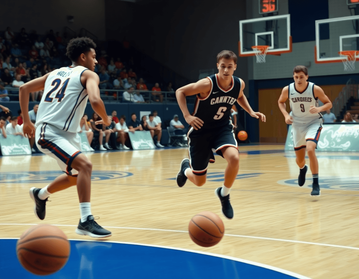 Giocatori eseguono una sequenza di pick and roll completo, pallacanestro in campo e movimento coordinato sul parquet.