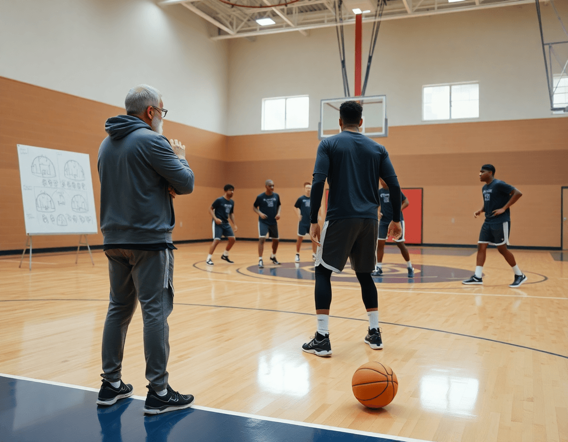 Scena ampia di pallacanestro in palestra: coach con lavagna indica il pick and roll al team.