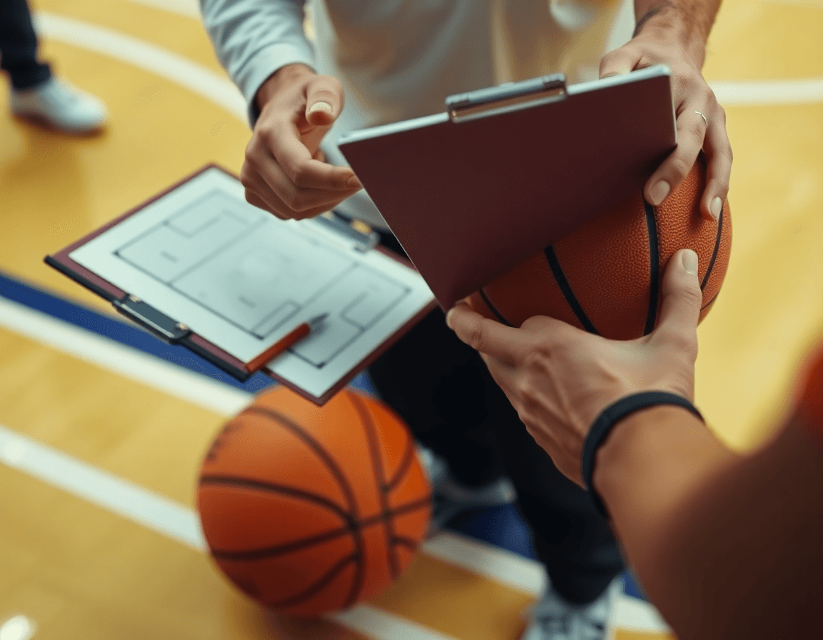 Primo piano sulle mani che impugnano un pallone da basket mentre l'allenatore indica una tattica basket sulla lavagna.