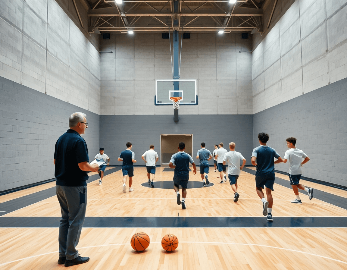 Scena ampia in palestra di basket durante la tattica basket, allenatore con clipboard e squadra al lavoro.