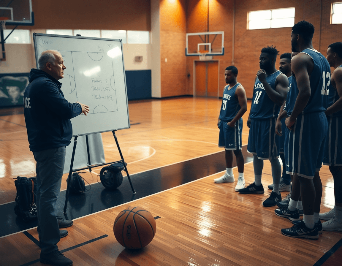 Allenatore vicino a una whiteboard tattica mentre giocatori ascoltano durante l'allenamento di basketball.