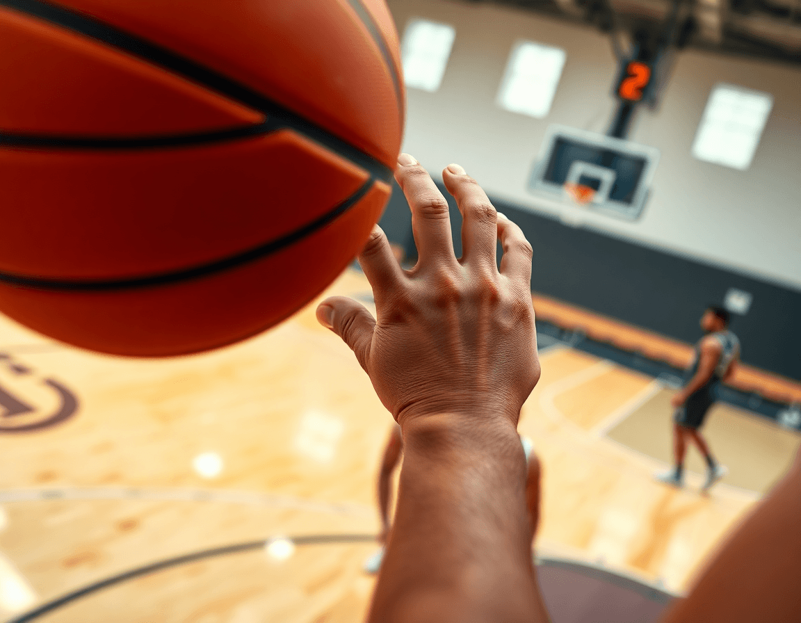 Primo piano sulle mani che afferrano una basketball arancione durante un allenamento.
