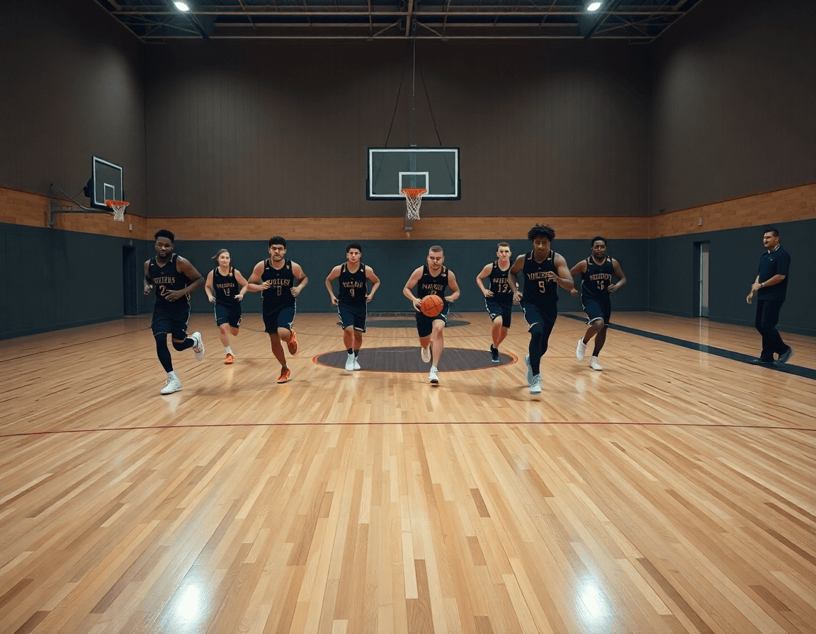 Gruppo di giocatori che corre una esercitazione di basketball sul half court.